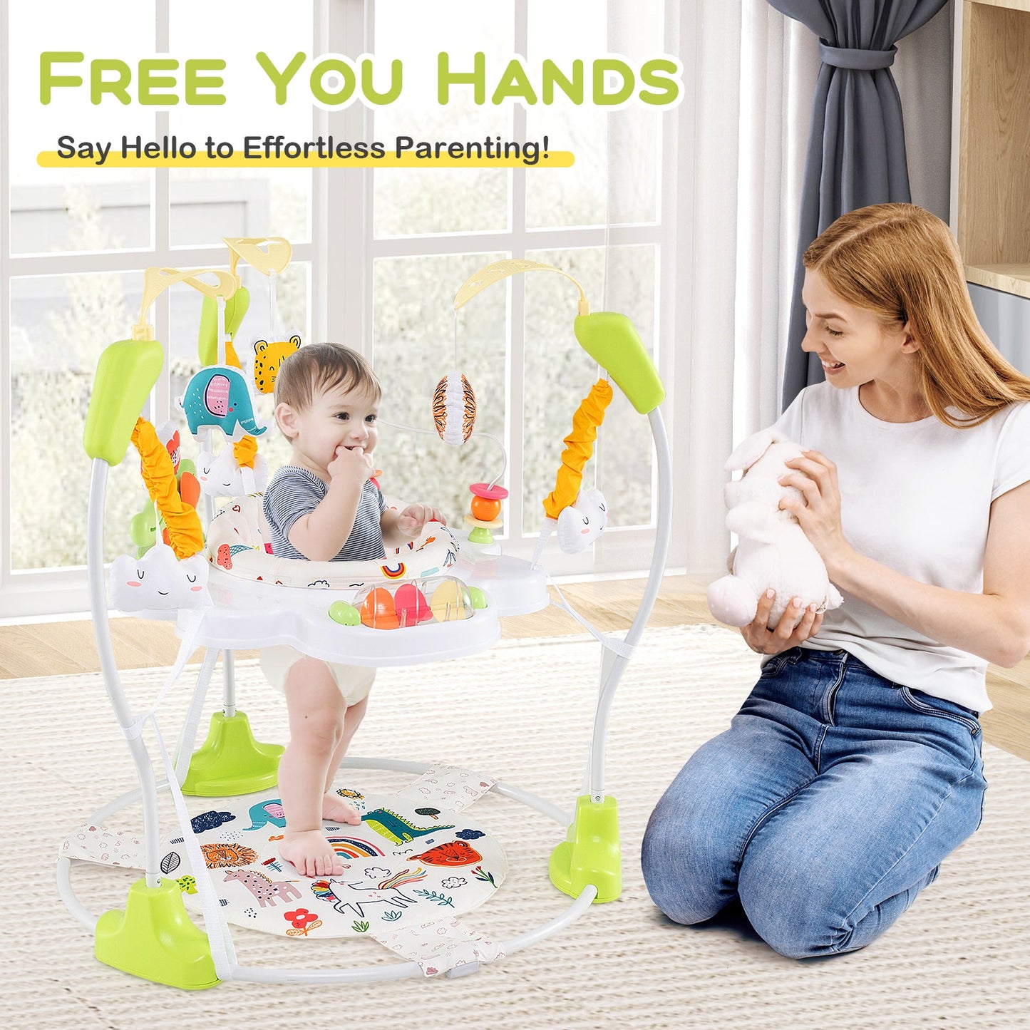 Adjustable Baby Bouncing Saucer with Interactive Toys - Yellow