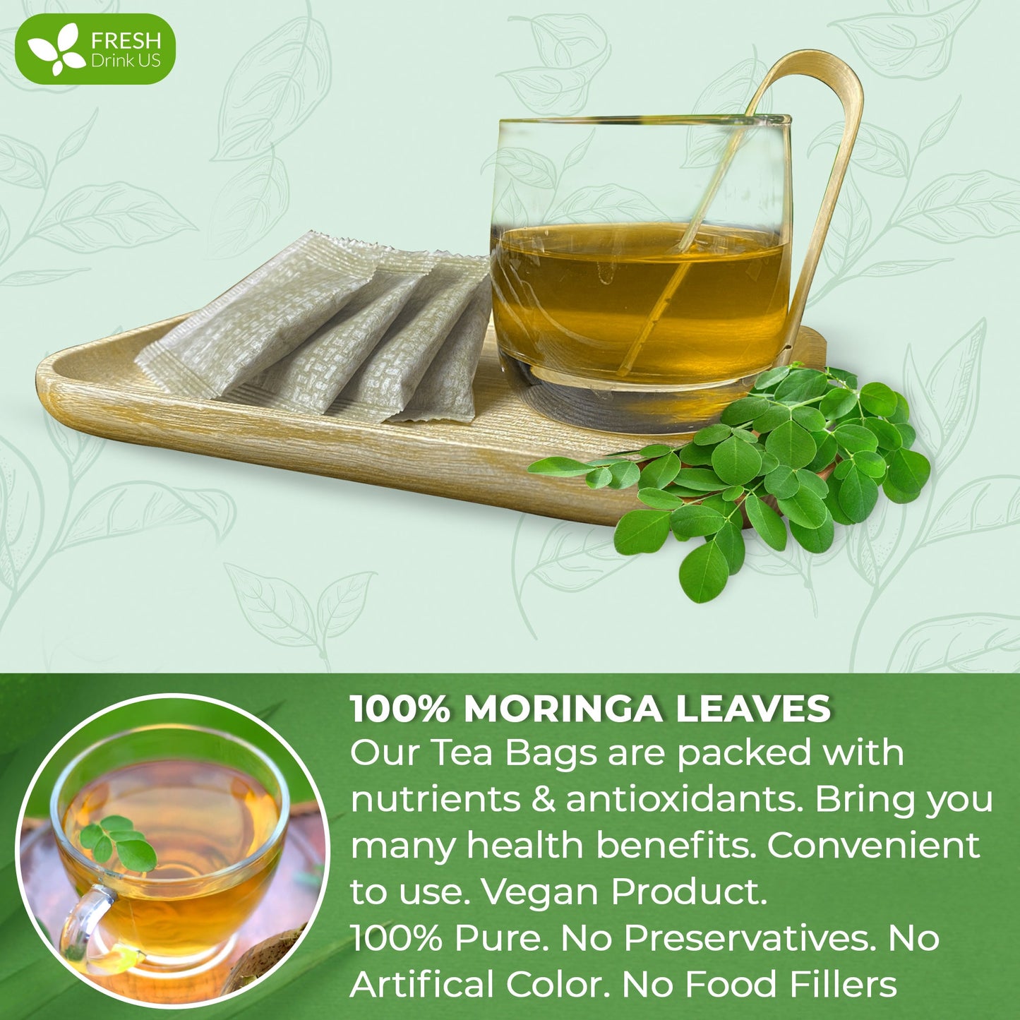 Bolsitas de té de hojas de moringa, 100 % natural y puro. Té de hojas de moringa a granel. Sin azúcar, sin cafeína, sin gluten, vegano.