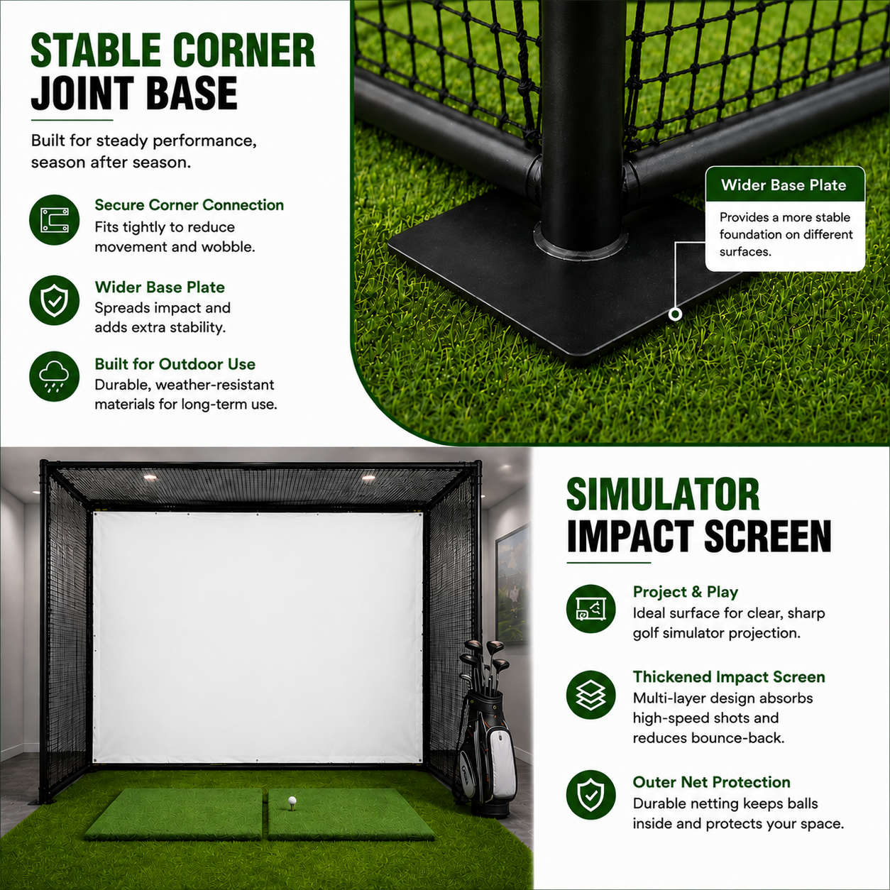 Cage d'entraînement de golf YUNIC Premium avec cadre robuste et écran de simulateur