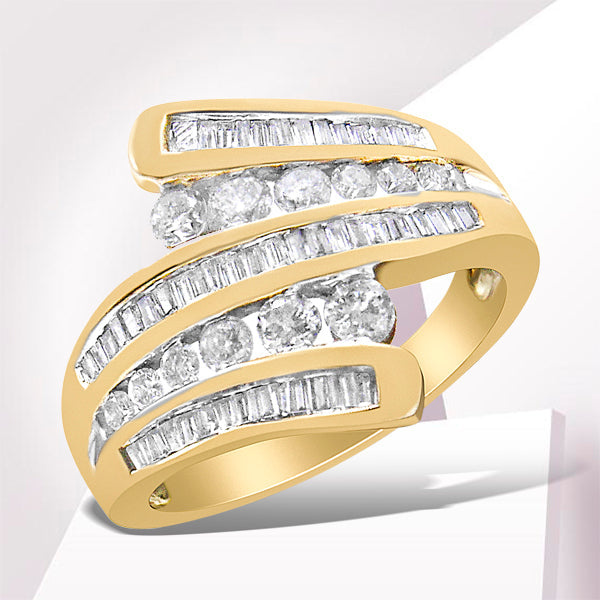 Bague Bypass Multi Rang en Or Jaune 10K avec Diamants - Taille 7