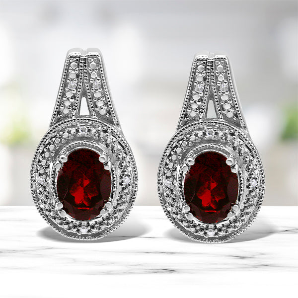 .925 Sterling Silver Red Garnet and Diamond Accent Stud Earrings