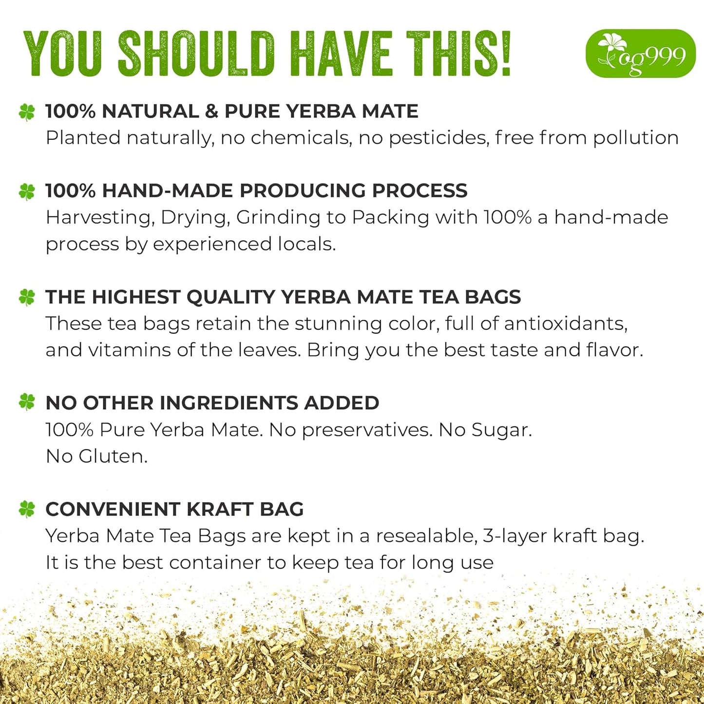 Yerba Mate Tea Bags, Hi-Caffeine, Unsmoked Yerba Mate Tea Bags, Super-Green Yerba Mate, No Dust - Korvel