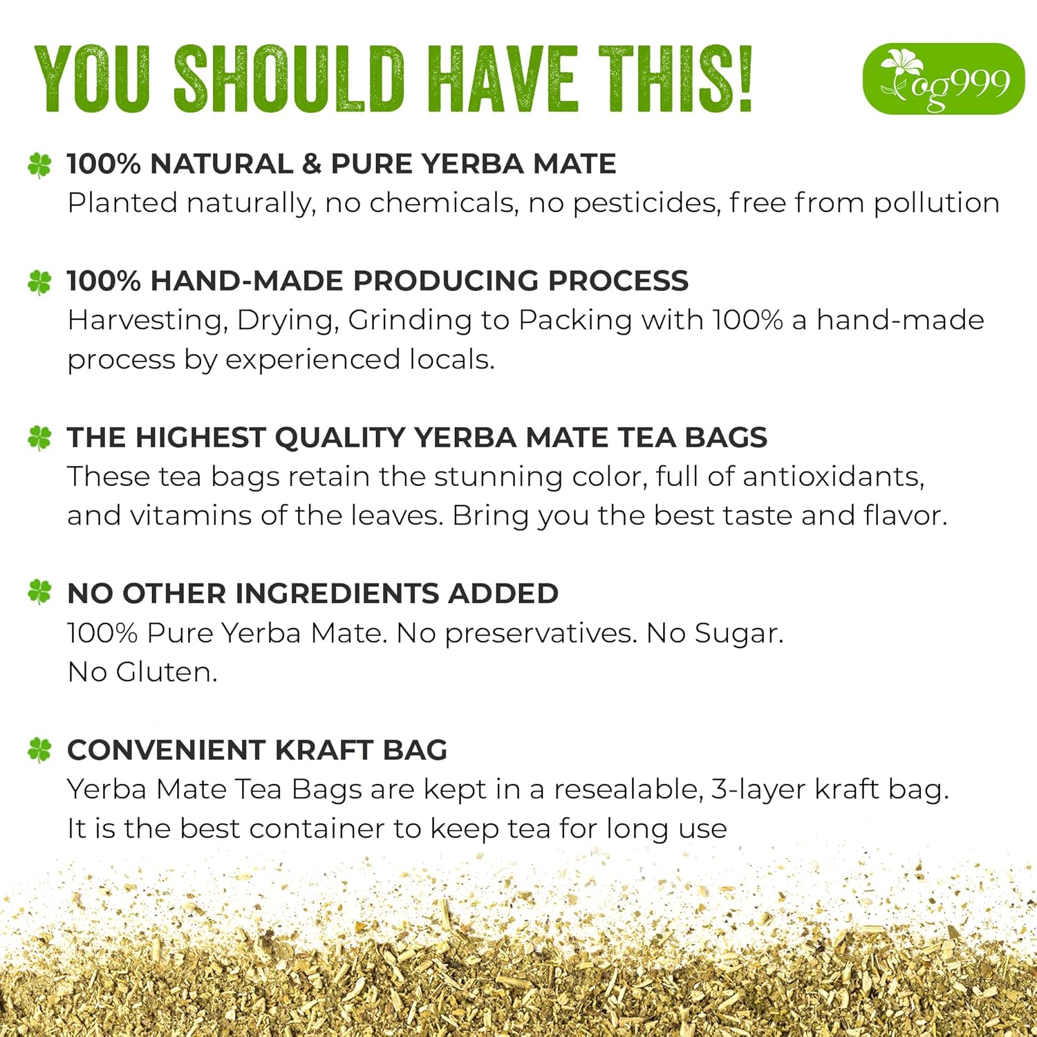 Yerba Mate Tea Bags, Hi-Caffeine, Unsmoked Yerba Mate Tea Bags, Super-Green Yerba Mate, No Dust - Korvel