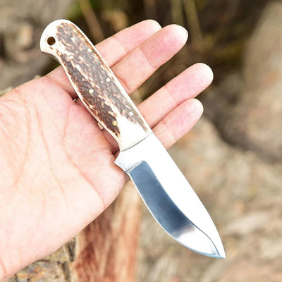 Premium Custom D2 Steel Skinning Knife | Unique Antler Handle | 7" | Leather Sheath Included - Korvel