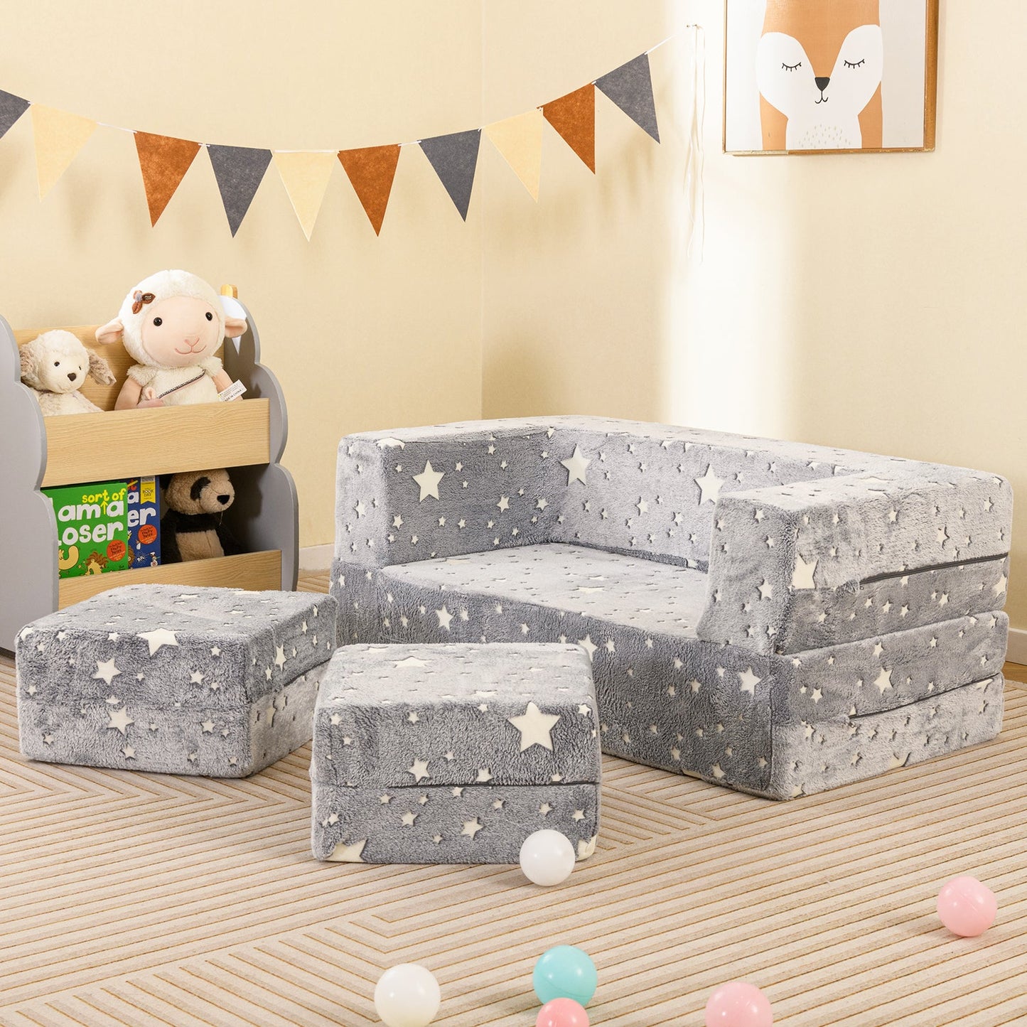 Sofá de Juego para Niños de 2 Plazas con Funda de Franela Removible - Gris