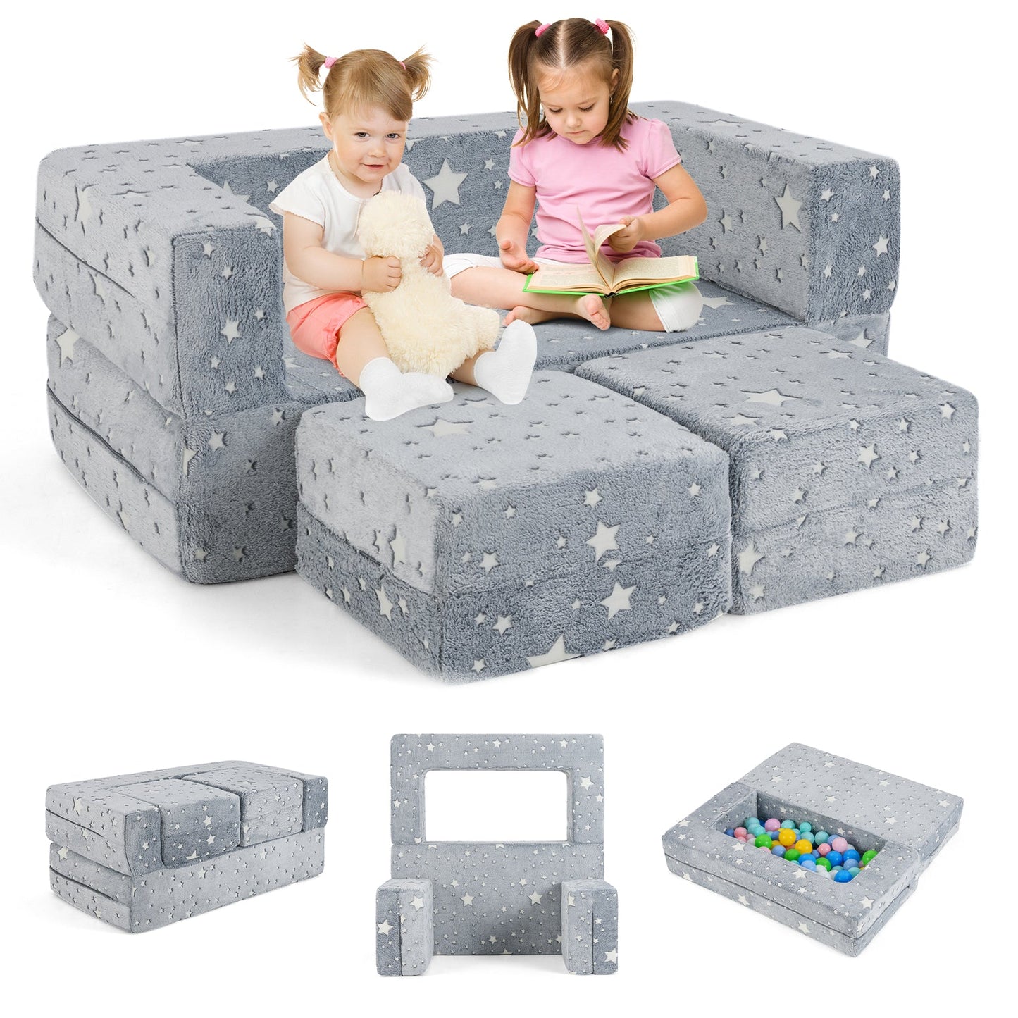 Sofá de Juego para Niños de 2 Plazas con Funda de Franela Removible - Gris
