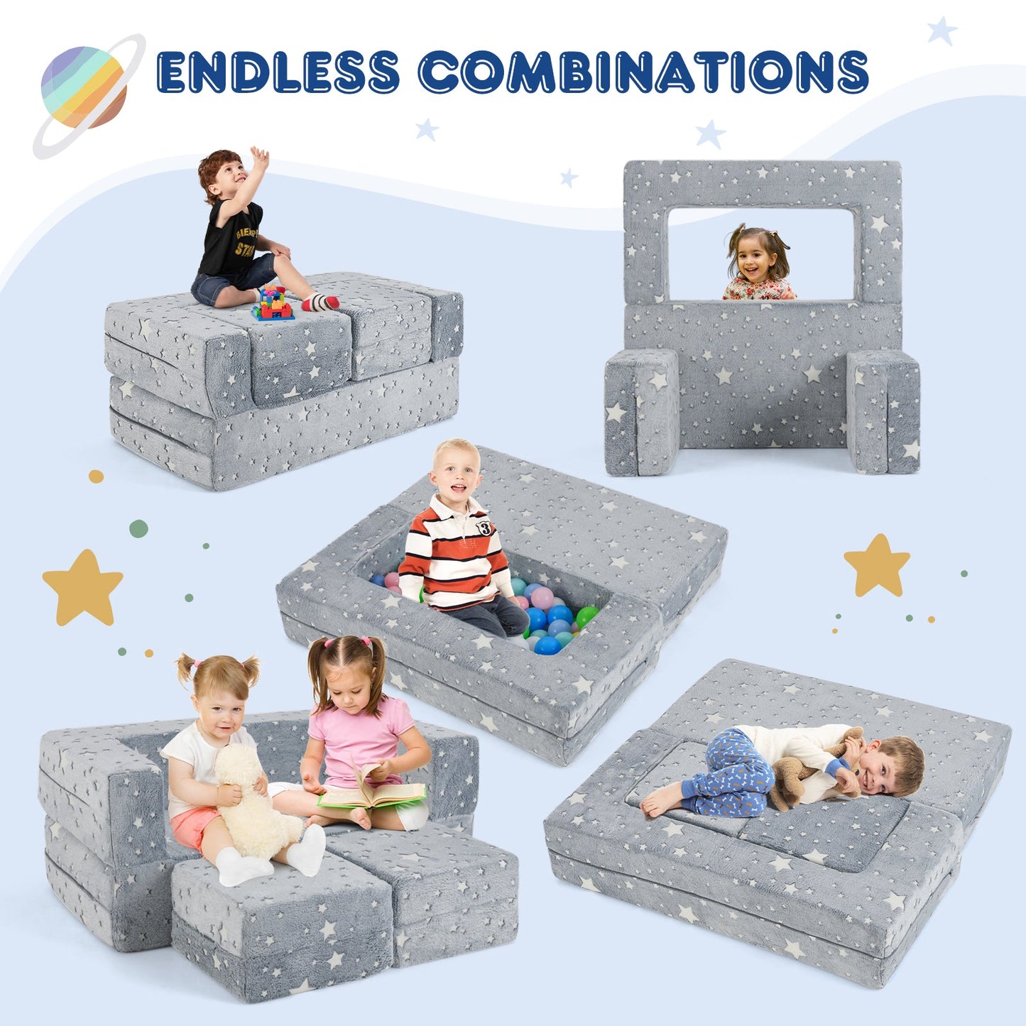 Sofá de Juego para Niños de 2 Plazas con Funda de Franela Removible - Gris