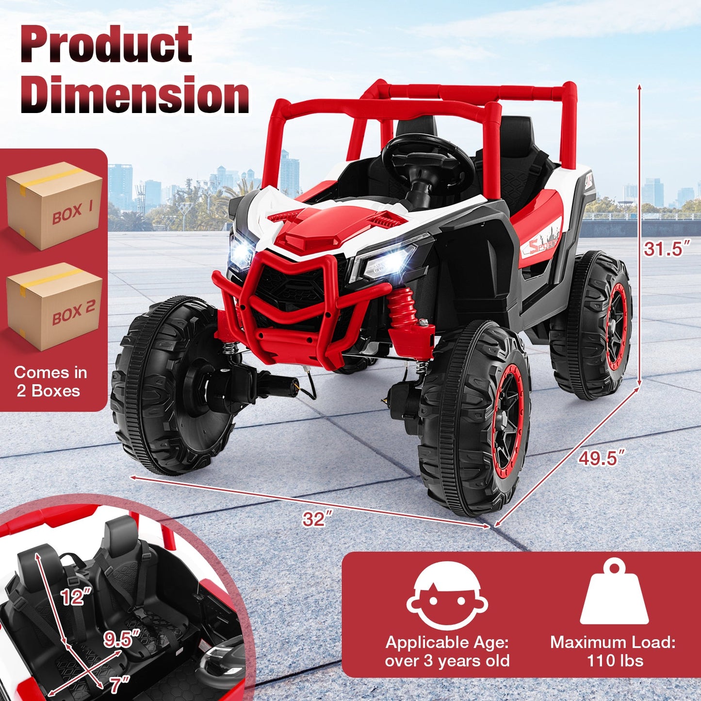 UTV para Niños de 2 Asientos con Control Remoto - Rojo