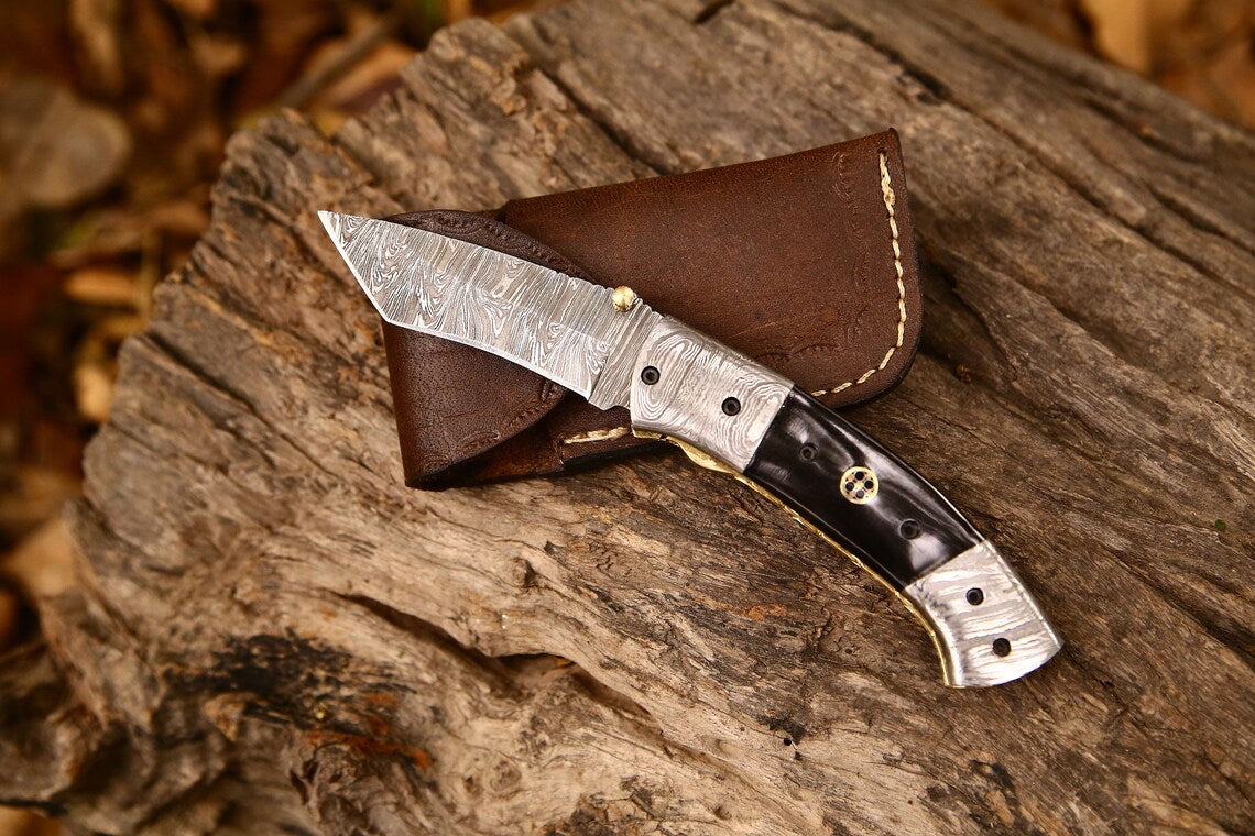 Exquisite Handmade Damascus Steel Tanto Folding Knife | 3-Inch Blade, Buffalo Horn Grip, Leather Sheath | Ideal Gift by KBS Knives - Korvel
