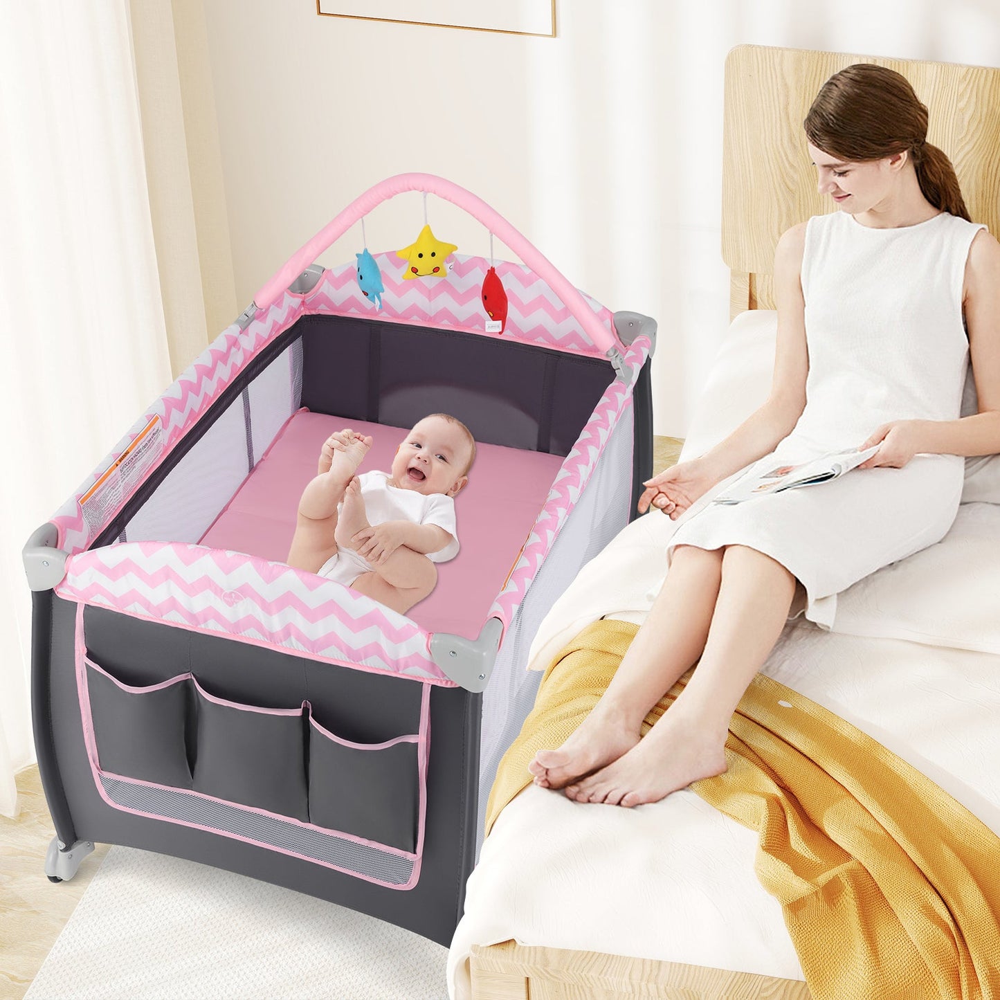 3-in-1 Portable Baby Playard with Zippered Door - Pink