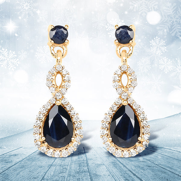 1.19 Carat Genuine Blue Sapphire and Diamond 14K Yellow Gold Earrings