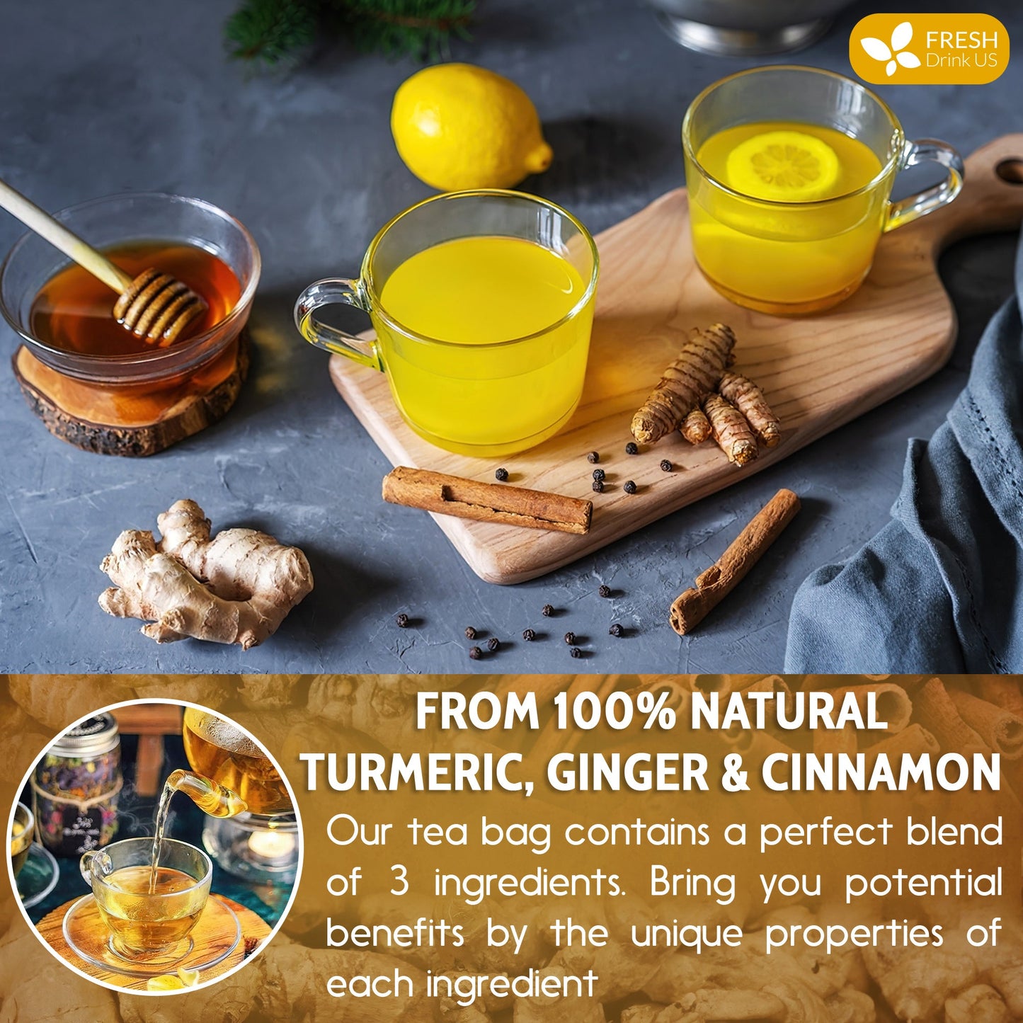 Turmeric Ginger Cinnamon Tea Bags - 100% Natural Herbal Blend