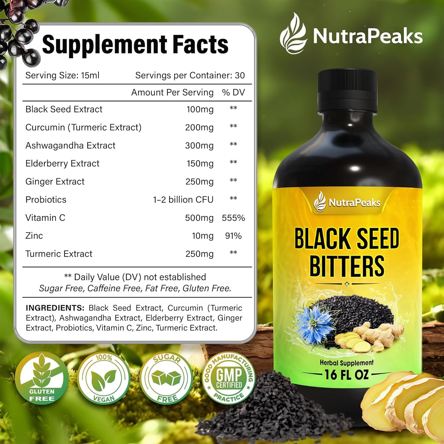 Premium Black Seed Oil Bitters - Herbal Blend 16 fl oz
