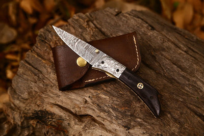 Personalized Damascus Steel EDC Folding Knife | 3-Inch Blade, Wenge Wood Handle, Leather Case | Unique Gift for Any Occasion - Korvel