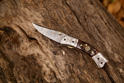 Exquisite Custom Damascus Steel Folding Pocket Knife – 3-Inch Blade with Sheep Horn Handle & Leather Case – Ideal Gift by KBS Knives - Korvel