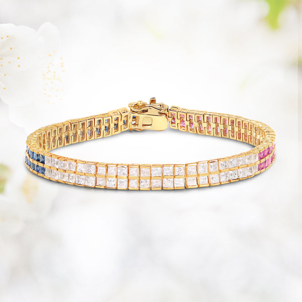 Bracelet en saphir bleu et saphir blanc plaqué or jaune 14K