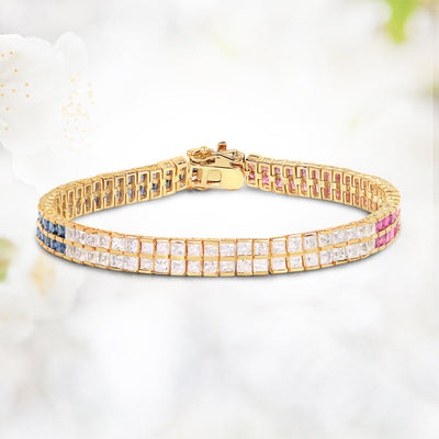 Pulsera de Zafiro Azul y Zafiro Blanco Bañada en Oro Amarillo de 14K