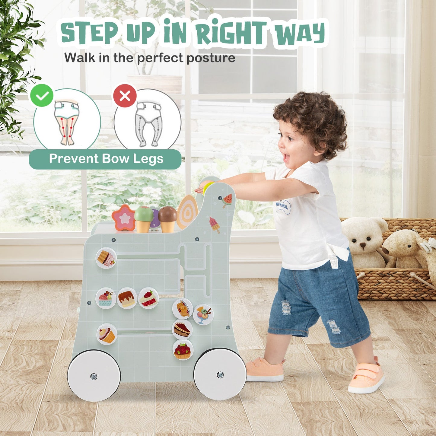 Andador 2 en 1 para Bebés con Almacenamiento y Helados - Verde Claro