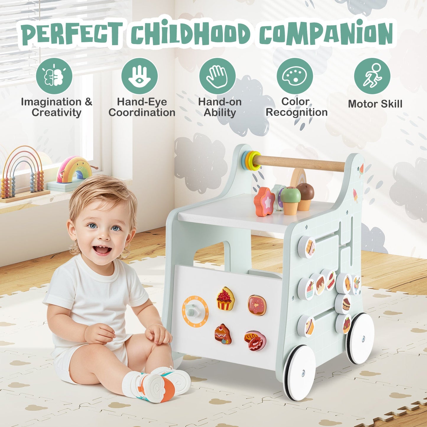 Andador 2 en 1 para Bebés con Almacenamiento y Helados - Verde Claro