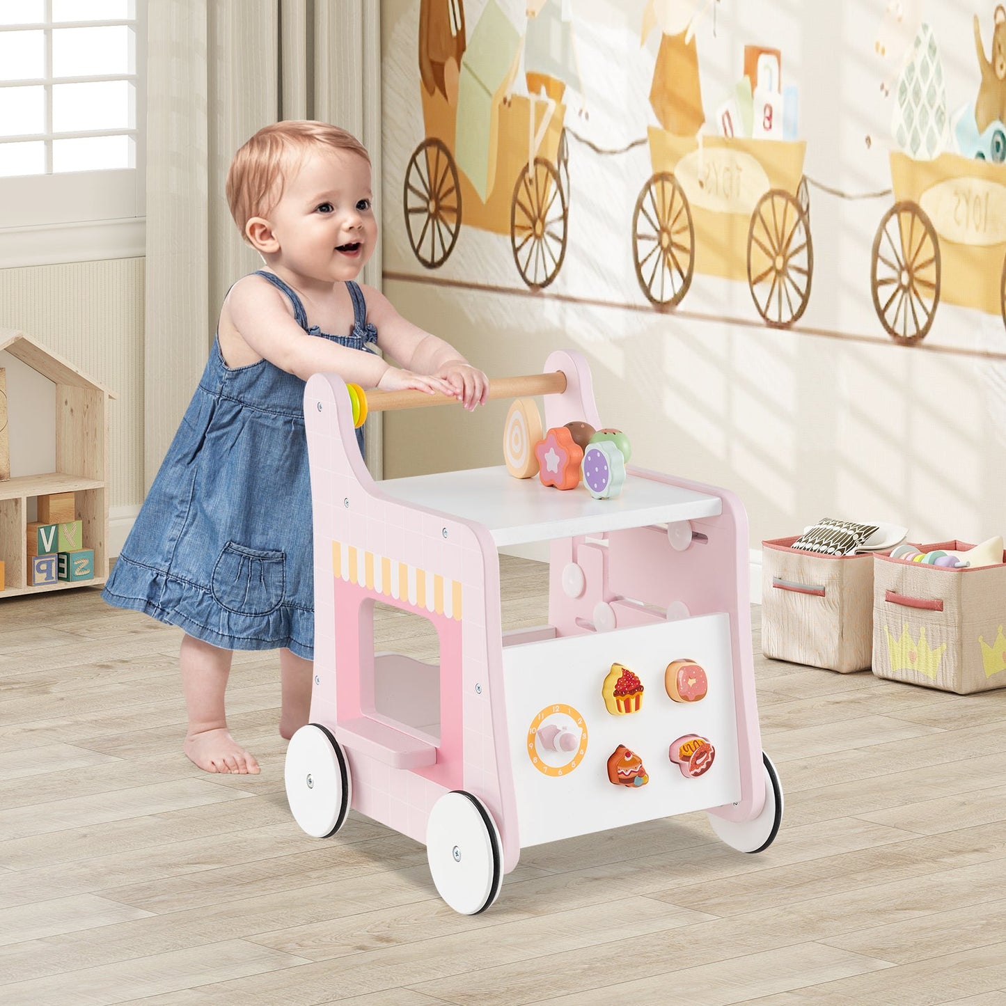 Caminador 2 en 1 para Bebés con Almacenamiento y Juego de Helados - Rosa