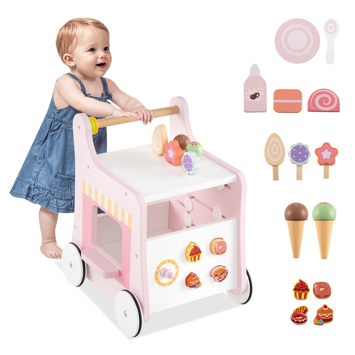 Caminador 2 en 1 para Bebés con Almacenamiento y Juego de Helados - Rosa