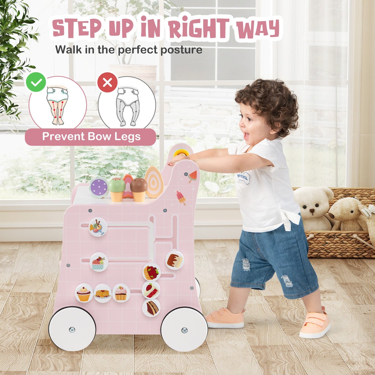 Caminador 2 en 1 para Bebés con Almacenamiento y Juego de Helados - Rosa