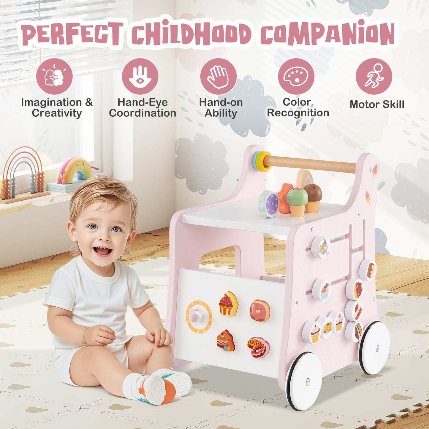 Caminador 2 en 1 para Bebés con Almacenamiento y Juego de Helados - Rosa
