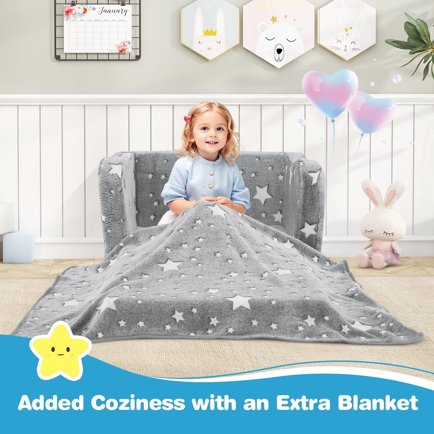 Canapé pliant 2-en-1 pour enfants avec effet phosphorescent - Gris