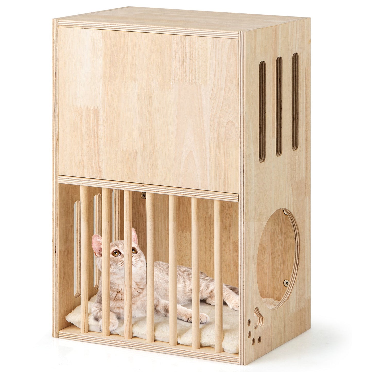 2-Tier Wooden Cat Condo with Removable Cushions