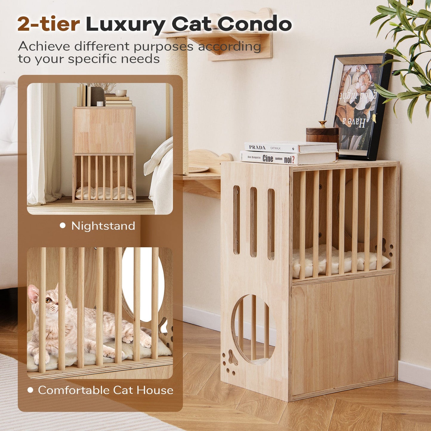 2-Tier Wooden Cat Condo with Removable Cushions