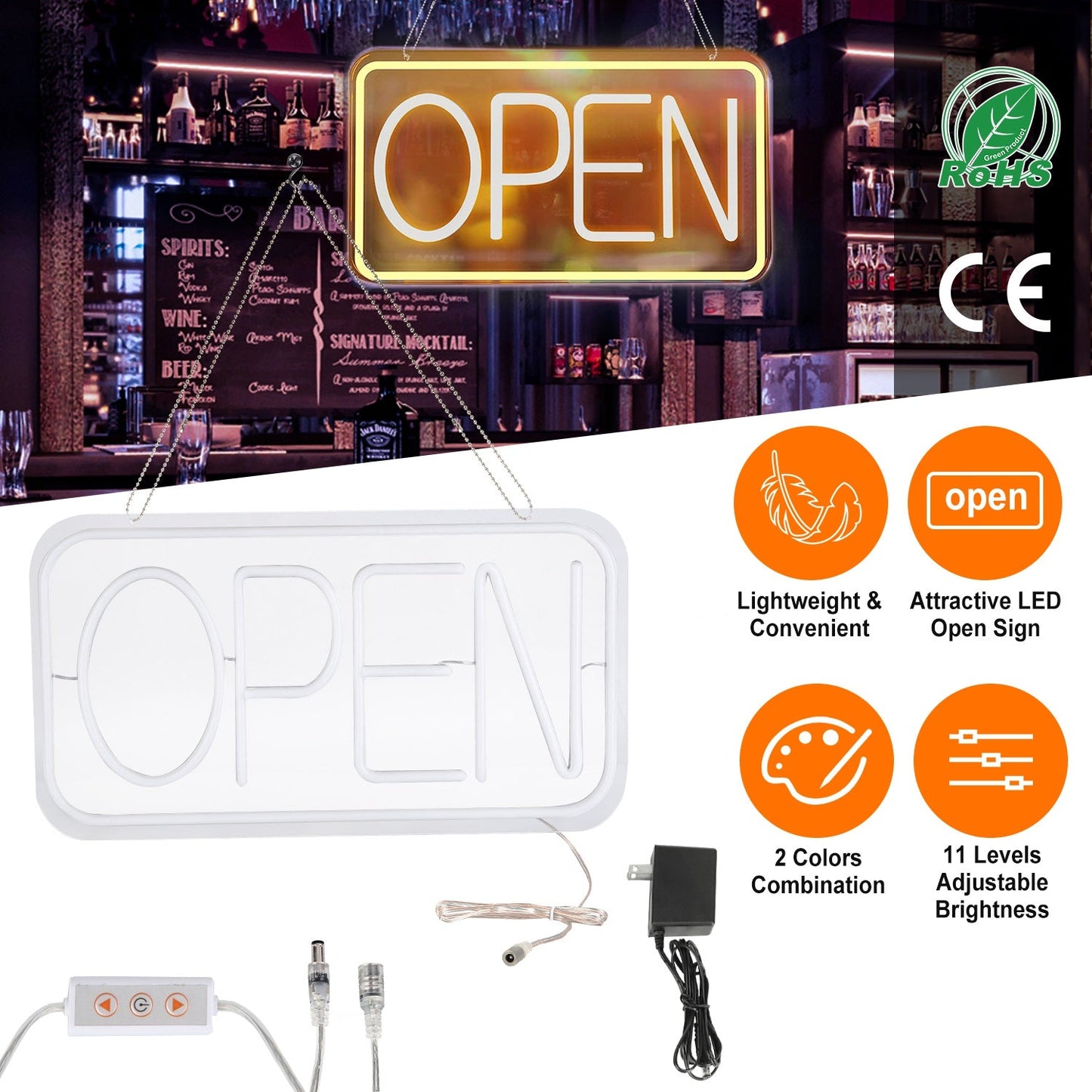 Cartel Abierto LED - 16.5x9.1in Tablero de Publicidad de Neón