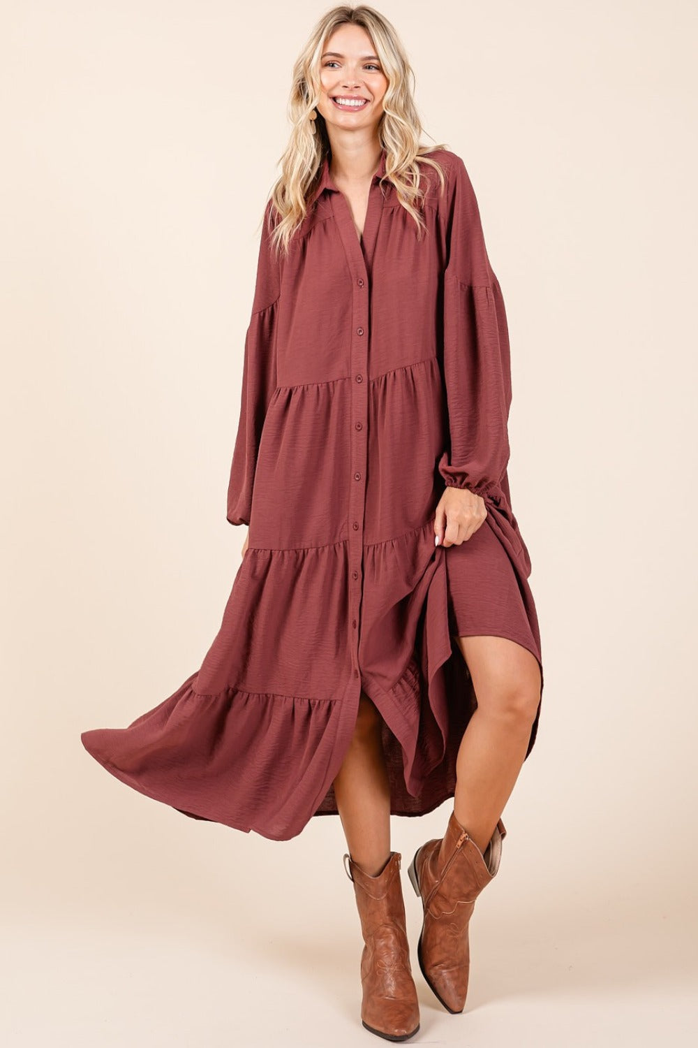 Vestido Midi de Manga Larga con Botones en Capas Elegante para Mujeres
