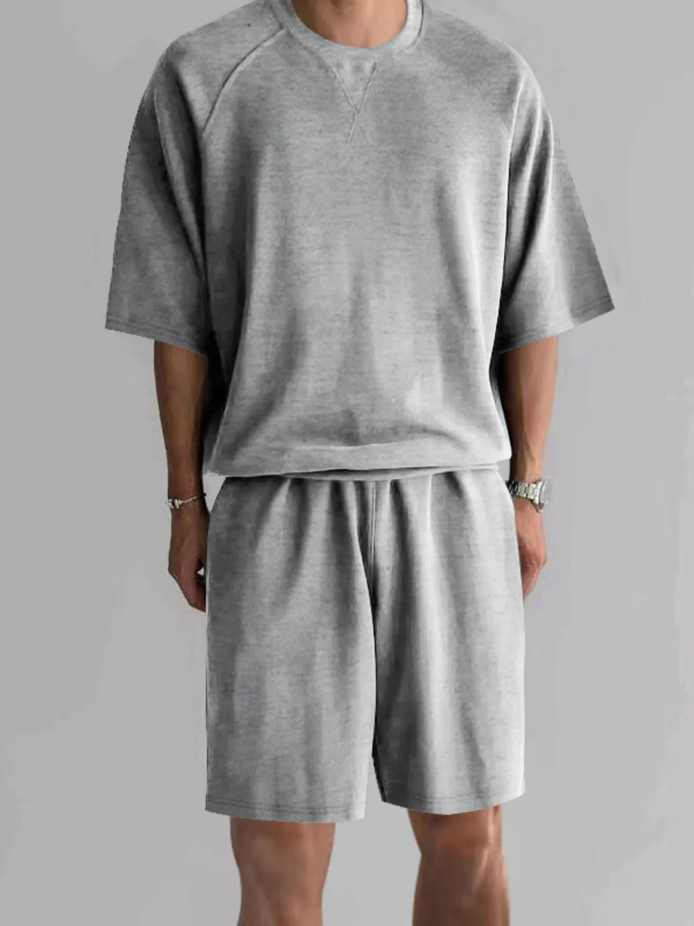 Men's Plus Size Round Neck Top and Shorts Set