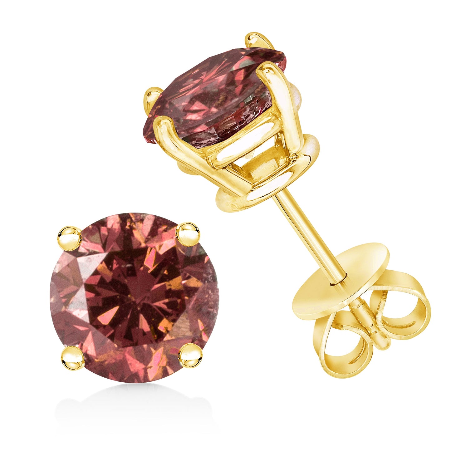 Boucles d'oreilles solitaires en diamant rose cultivé en laboratoire en or jaune 14K