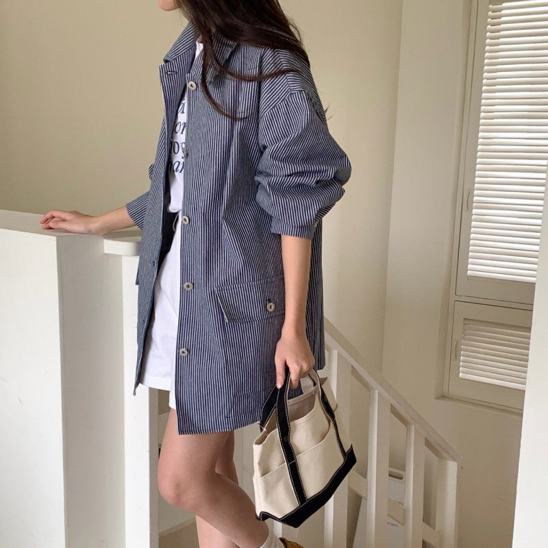 Commuter-Style Relaxed-Fit Striped Long-Sleeve Shirt Jacket