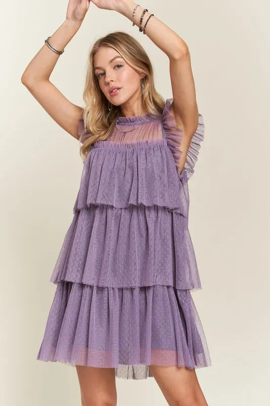Layered Ruffled Cap Sleeve Mesh Dress for Women