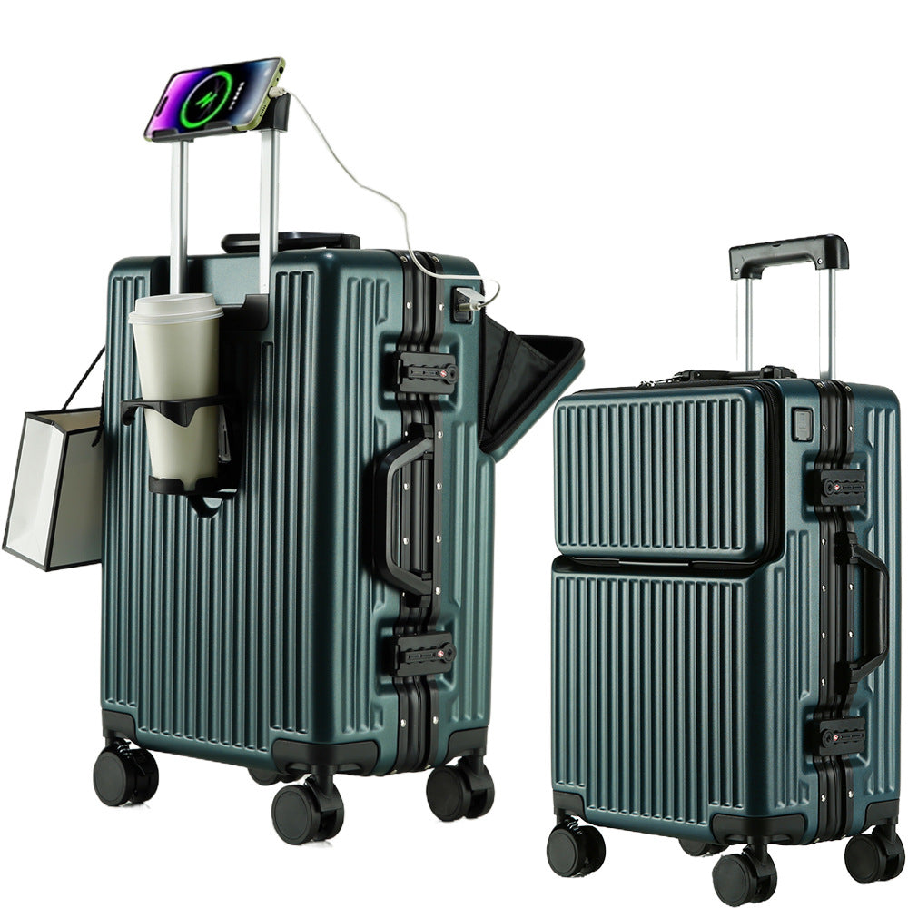 Premium Front-Opening Checked Suitcase with Aluminum Frame