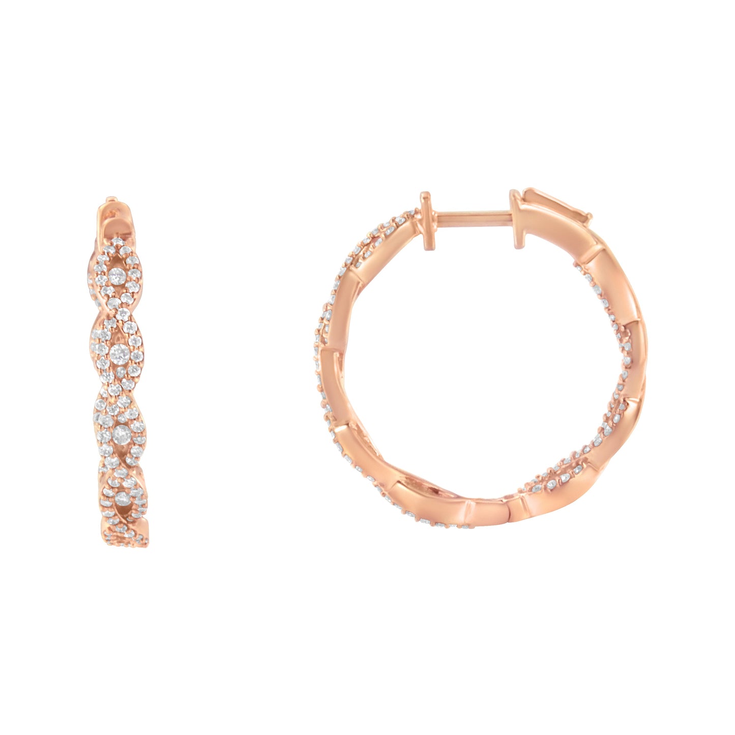 Pendientes de aro de diamantes de oro rosa de 10 quilates con cierre de palanca