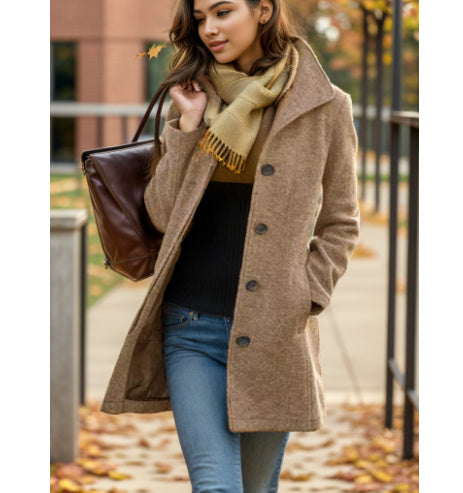 Elegant Women's Medium Length Woolen Overcoat
