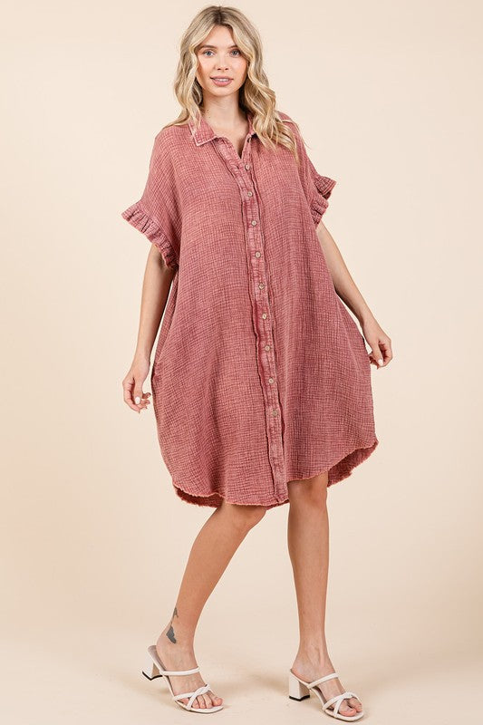 Mineral Wash Cotton Gauze Mini Shirt Dress for Women