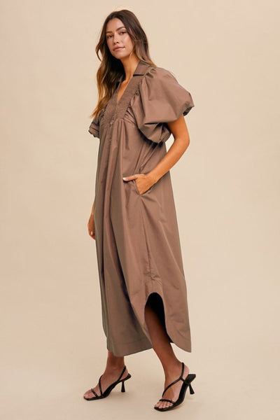Smocked Puff Sleeve Midi Dress – Elegant and Versatile