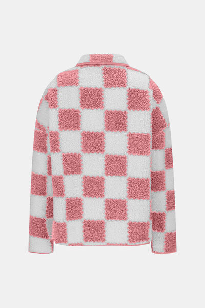Chaqueta de Teddy de Manga Larga con Botones y Diseño a Cuadros Elegante