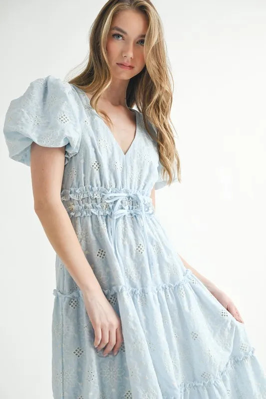 Elegant Eyelet Lace Puff Sleeve Midi Dress for Women