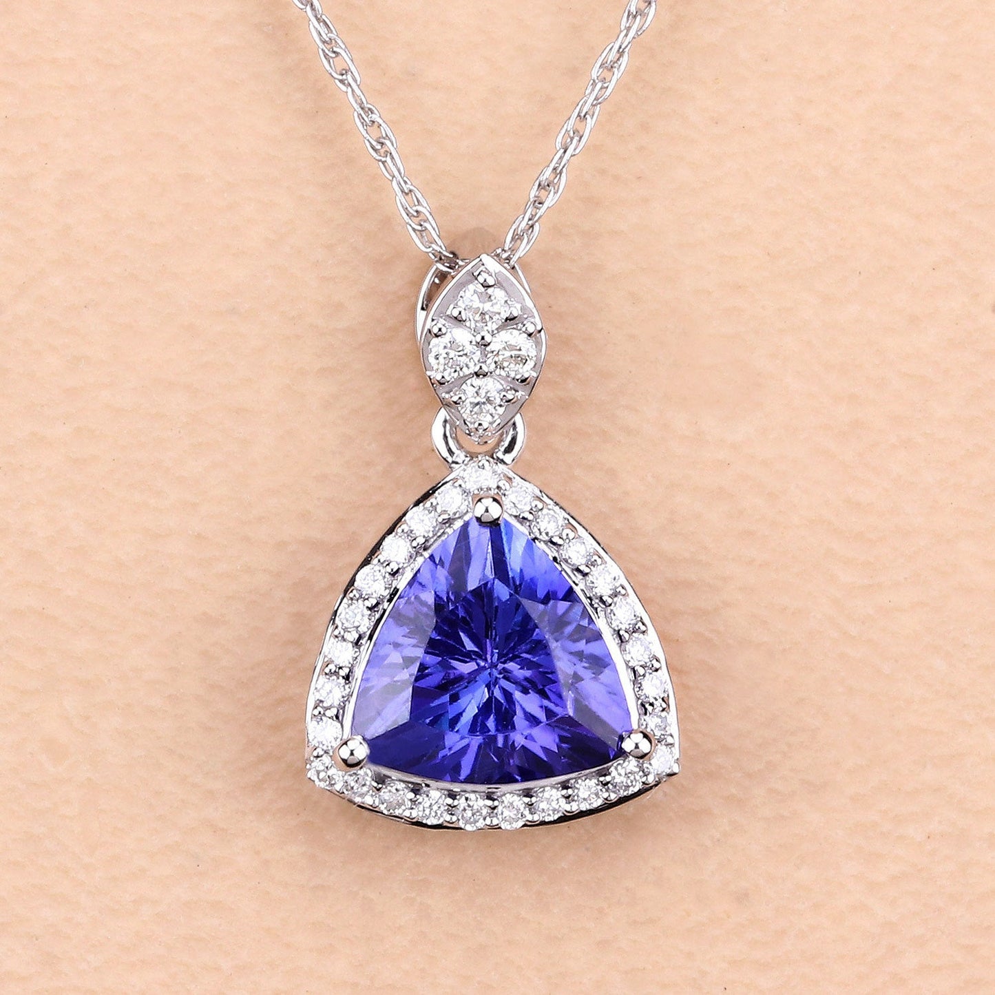 1.71 Carat Genuine Tanzanite and White Diamond Pendant in 14K White Gold