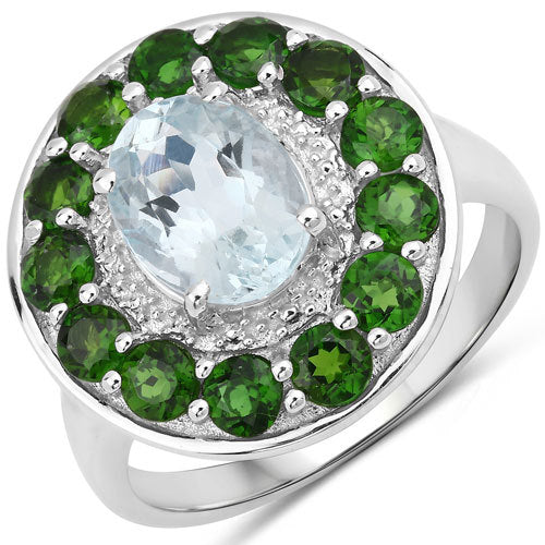 2.96 Carat Aquamarine & Chrome Diopside Sterling Silver Ring