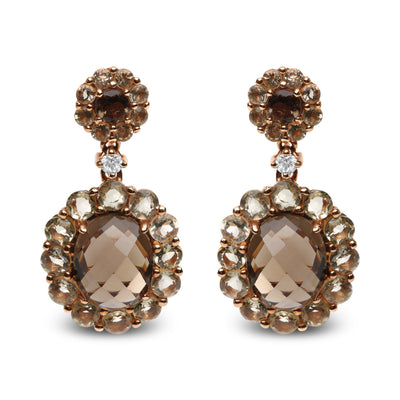 Pendientes colgantes de cuarzo ahumado y acentos de diamante en oro rosa de 18 quilates