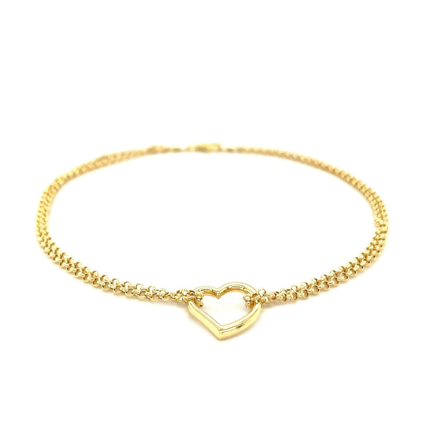 14k Yellow Gold Double Rolo Chain Anklet with Open Heart Station