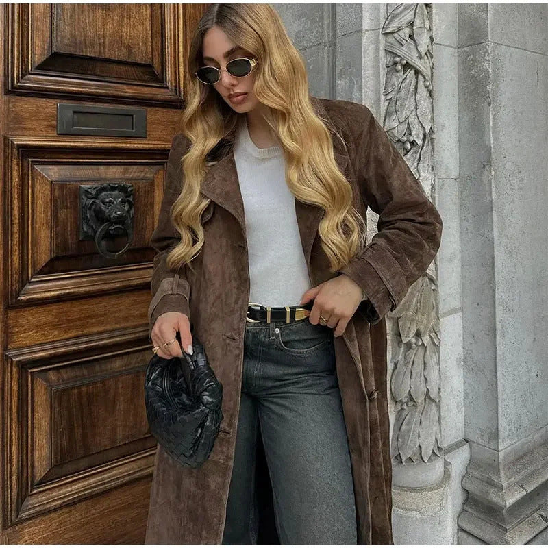 Manteau long en suède vintage à double boutonnage avec ceinture