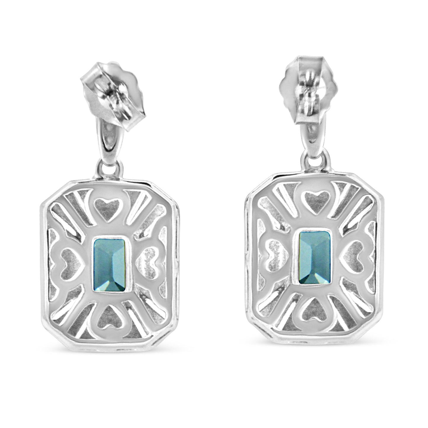 Boucles d'oreilles en argent sterling .925 avec topaze bleue en forme d'émeraude et accents de diama