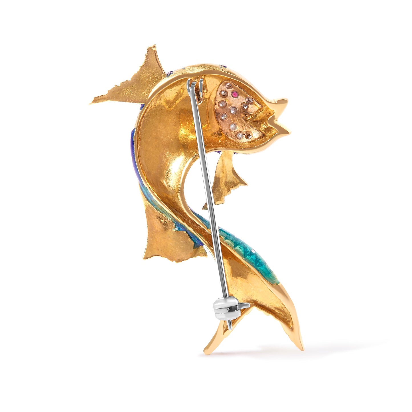 Elegante broche de pez de oro amarillo de 18 quilates con diamantes y zafiros